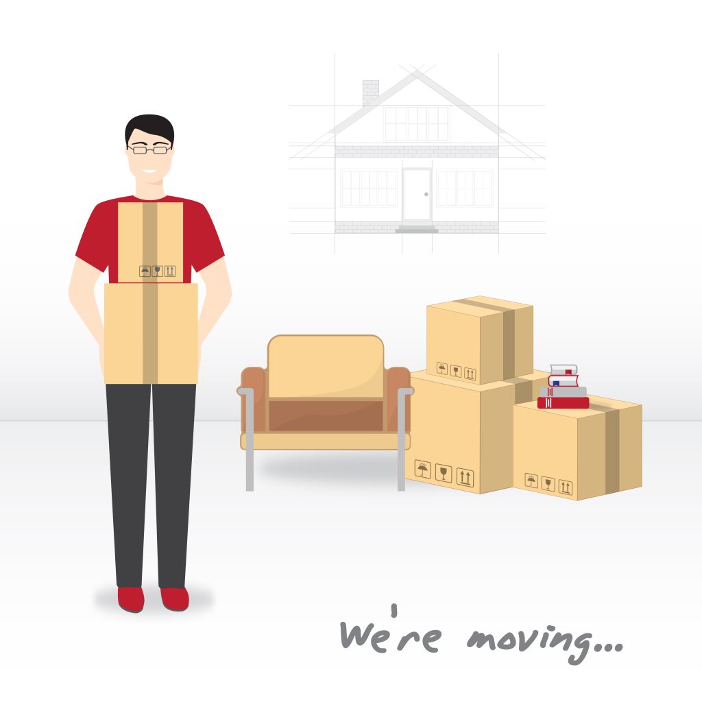 Transportation and home removal. We're moving. The young man with glasses and a red T-shirt is holding boxes. Boxes, armchair, books in anticipation of moving. Stock vector.